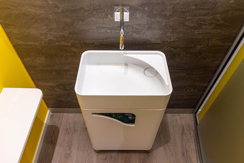 hi-jeannie | Praxiswaschtisch mit Abwurfklappe für Papiertücher oder Handtücher